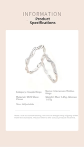Specifications of Mobius 925 silver couple rings with zirconia and adjustable sizes