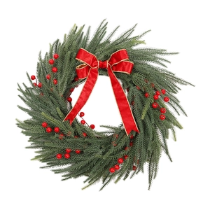 Couronne de Noël avec aiguilles de pin artificielles, baies rouges et grand nœud doré