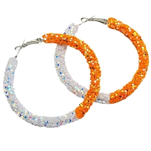 Detailed view of oversized hoop earrings with white and orange sparkling sequins for sports