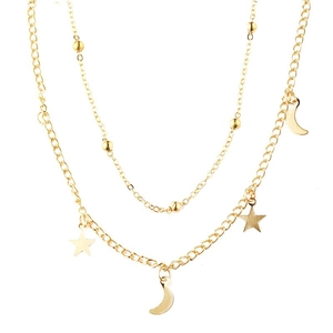 Double-layer gold stainless steel star and moon pendant necklace on white background