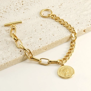 Bracciale a moneta in acciaio inossidabile dorato con maglie ovali e cubane