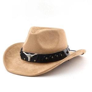 Classic camel faux suede western cowboy hat with silver bull head emblem and leather band