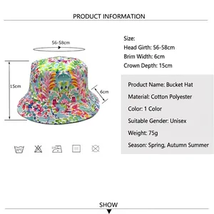 Unisex double-sided print bucket hat with size chart showing 56-58cm dimensions