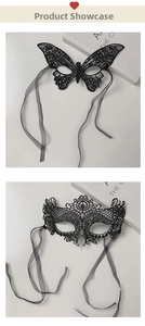 Detail of black lace masquerade masks in butterfly and crown shapes with mesh ribbons