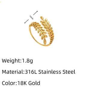 Detail view of leaf ring with 316L stainless steel material and 18K gold specs