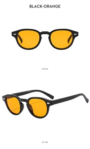 Front and 45-degree side views of black retro sunglasses with orange lenses