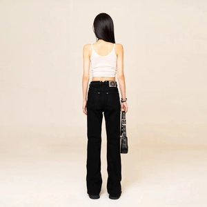 Mid-wash high-stretch flare jeans with button fly and back cross leather patch detail