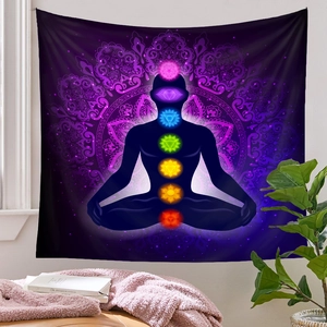 Detail of meditation tapestry featuring seven colorful chakra symbols on purple mandala