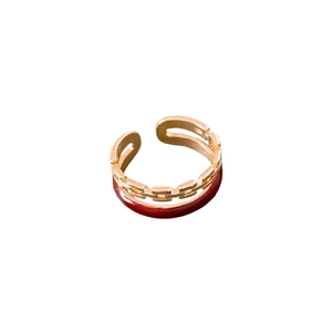 Double-layer gold plated chain ring with burgundy enamel in a vintage minimalist design