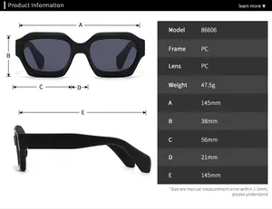 Size chart for irregular polygon sunglasses with detailed measurements in millimeters