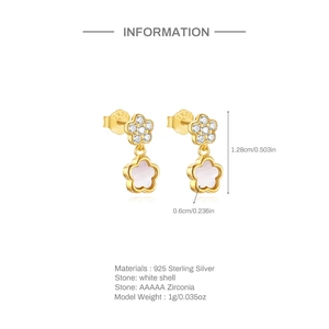 Detailed size chart of S925 silver flower earrings with zircon and white shell