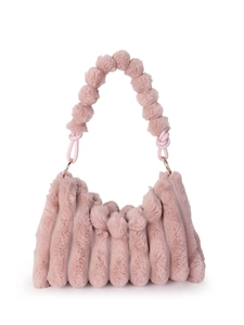 Pink faux fur shoulder bag with ruched design and stylish bubble bead handle
