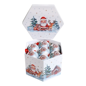Set de 7 bolas de Navidad de 8 cm pintadas en una caja de regalo hexagonal blanca