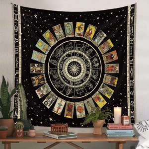 Böhmischer Tarot Wandteppich mit goldenen Tierkreiszeichen und 22 großen Arkana
