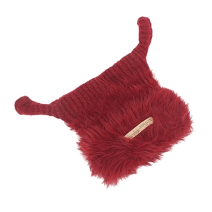 Cute dark red knit earflap hat with horn details and warm faux fur trim for winter style