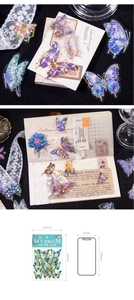 Detail view of butterfly PET stickers with pearlescent shell effect for DIY scrapbooking