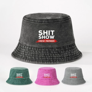 Washed Bucket Hat Distressed Sun Protection Streetwear SHIT SHOW CREW MEMBER Print Summer Outdoor Sun Hat
