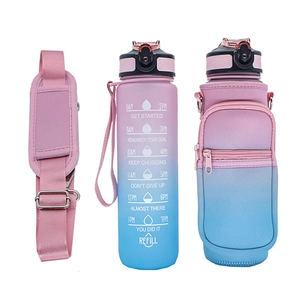 Detail of pink-blue gradient neoprene bottle sleeve with adjustable shoulder strap