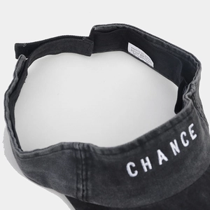 Detail view of cotton denim sun visor with letter embroidery and velcro strap