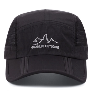 Black outdoor quick-dry baseball cap with mountain embroidery and breathable mesh