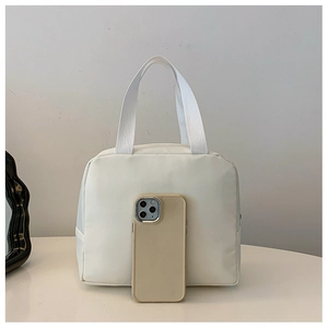 White insulated lunch bag for kids with smartphone for size comparison, nylon fabric