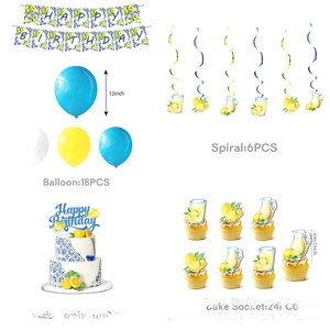 Lemon themed birthday party set with banner, balloons, swirls, and cake toppers