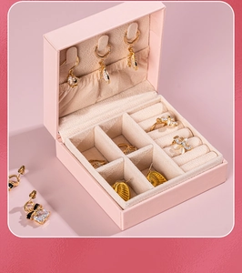 Detail view of pink jewelry box with velvet lining, earring hooks, and ring storage sections