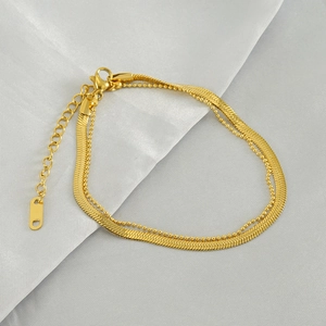 Double Layer Anklet Stainless Steel 18K Gold Plated Herringbone And Bead Chain Minimalist Adjustable Foot Jewelry For Women