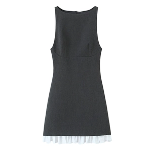 Robe Courte Sans Manches Trapèze Femme Gris Polyester Tissu Costume Élégant Ourlet Volanté Blanc Style Bureau