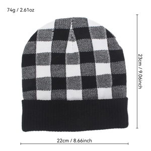 Black and white buffalo plaid knit beanie for women with size and weight annotations