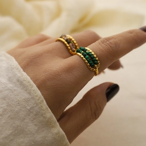 Vintage Stainless Steel Adjustable Open Ring For Women Natural Malachite Tourmaline Stone Beaded Finger Ring Fashion Jewelry