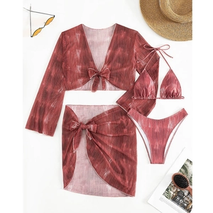 Bikini 4 pièces chic tie-dye marron rouille avec cache-maillot manches longues et paréo