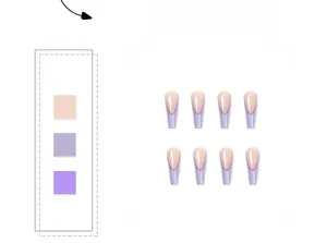 Detailed view of purple French tip coffin press-on nails with a glossy nude pink base