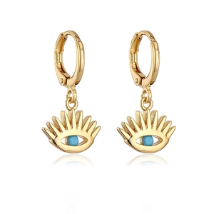 Macro detail of gold-plated evil eye earrings with blue zircon and radial lash design