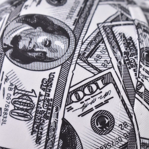 Macro shot of twill fabric baseball cap with detailed US 100 dollar bill print texture