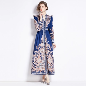 Vintage boho V-neck paisley print maxi dress with lantern sleeves in dark blue finish