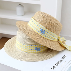 Women Straw Boater Hat Wide Brim Sun Protection Breathable Summer Beach Flat Top Gingham Ribbon Puppy Charm