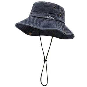 Washed dark blue outdoor fishing hat with adjustable strap and mountain logo embroidery