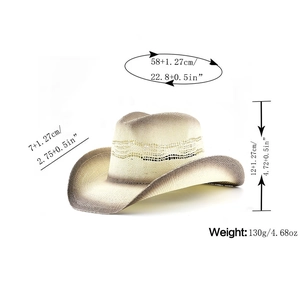 Detailed size specifications for the woven straw cowboy hat showing dimensions and weight