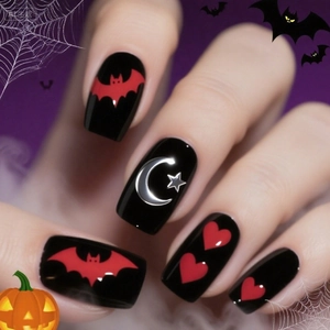 Halloween Press On Nails Long Square Black Gothic Bat Star Moon Heart Pattern Plastic Fake Nails For Women Party Cosplay