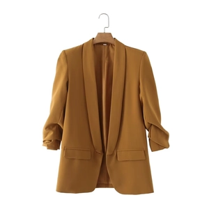 Women's casual blazer in ginger with shawl collar and decorative pleated sleeves