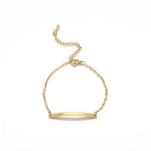 Minimalist gold stainless steel bracelet featuring a curved rectangular bar and extender chain