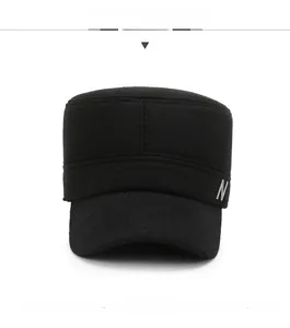 Front view of black cadet hat with warm fleece lining and silver metal N detail