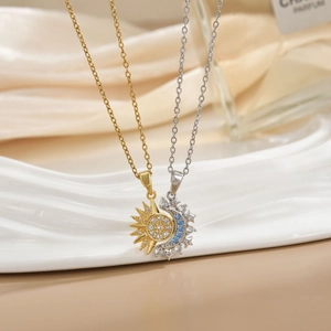 Detail of sun and moon interlocking necklaces with micro-pave cubic zirconia crystals
