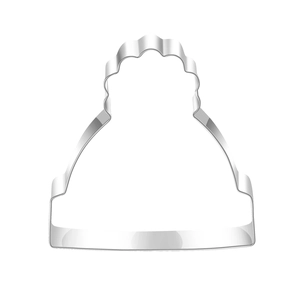Detail of a Christmas hat shaped stainless steel cookie cutter with polished silver finish