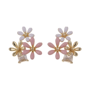 Gold plated daisy earrings with pink enamel flowers and square cubic zirconia stones