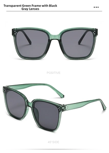 Front and 45-degree angle of transparent green square sunglasses with grey lenses
