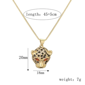Detailed view of leopard head pendant with dimension marks and chain length specs
