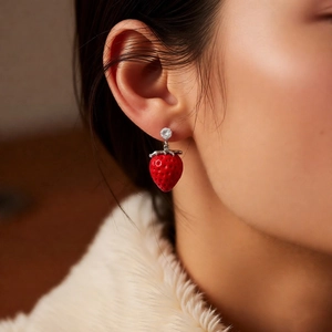 Close-up of a red strawberry-shaped earring with zircon detail on a female model