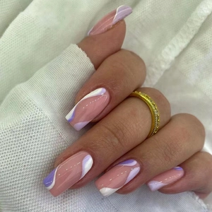 French Wave Pattern Press On Nails Long Square Shape Full Cover Detachable Fake Nails For Women Artificial Manicure
